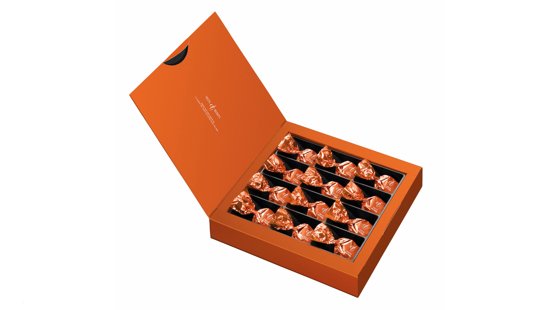 Elegante confezione di OF Carezze di Bonollo 1908, praline di cioccolato fondente con mousse agrumata al liquore OF Dorange, perfette per la Festa della Donna.