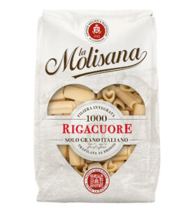 Confezione di pasta Rigacuore de La Molisana, il primo rigatone a forma di cuore, realizzato con solo grano italiano e trafilato al bronzo per un San Valentino speciale.