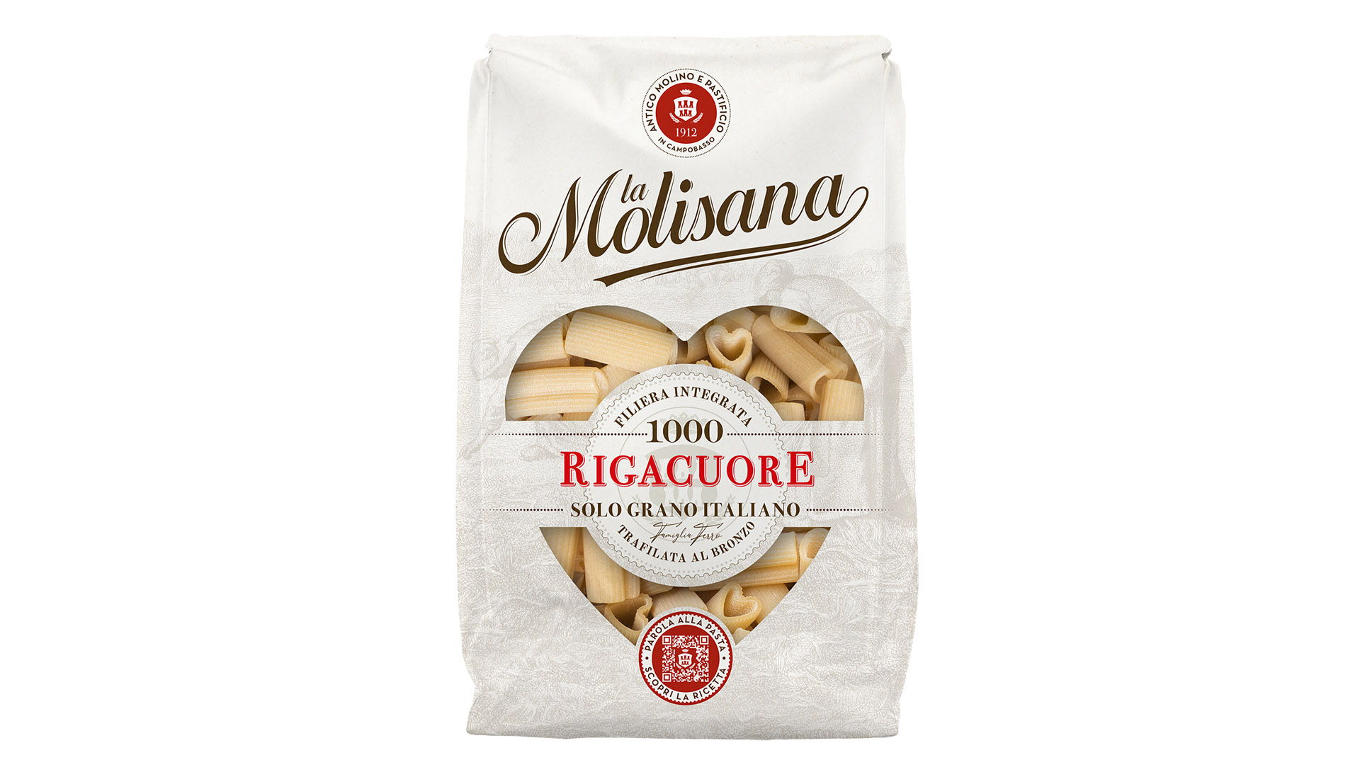 Confezione di pasta Rigacuore de La Molisana, il primo rigatone a forma di cuore, realizzato con solo grano italiano e trafilato al bronzo per un San Valentino speciale.