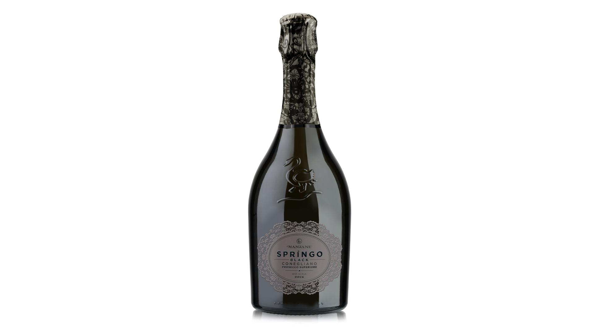 Bottiglia di Springo Black Conegliano Prosecco Superiore Rive di Rua DOCG della cantina Le Manzane, caratterizzata da un design elegante e raffinato.