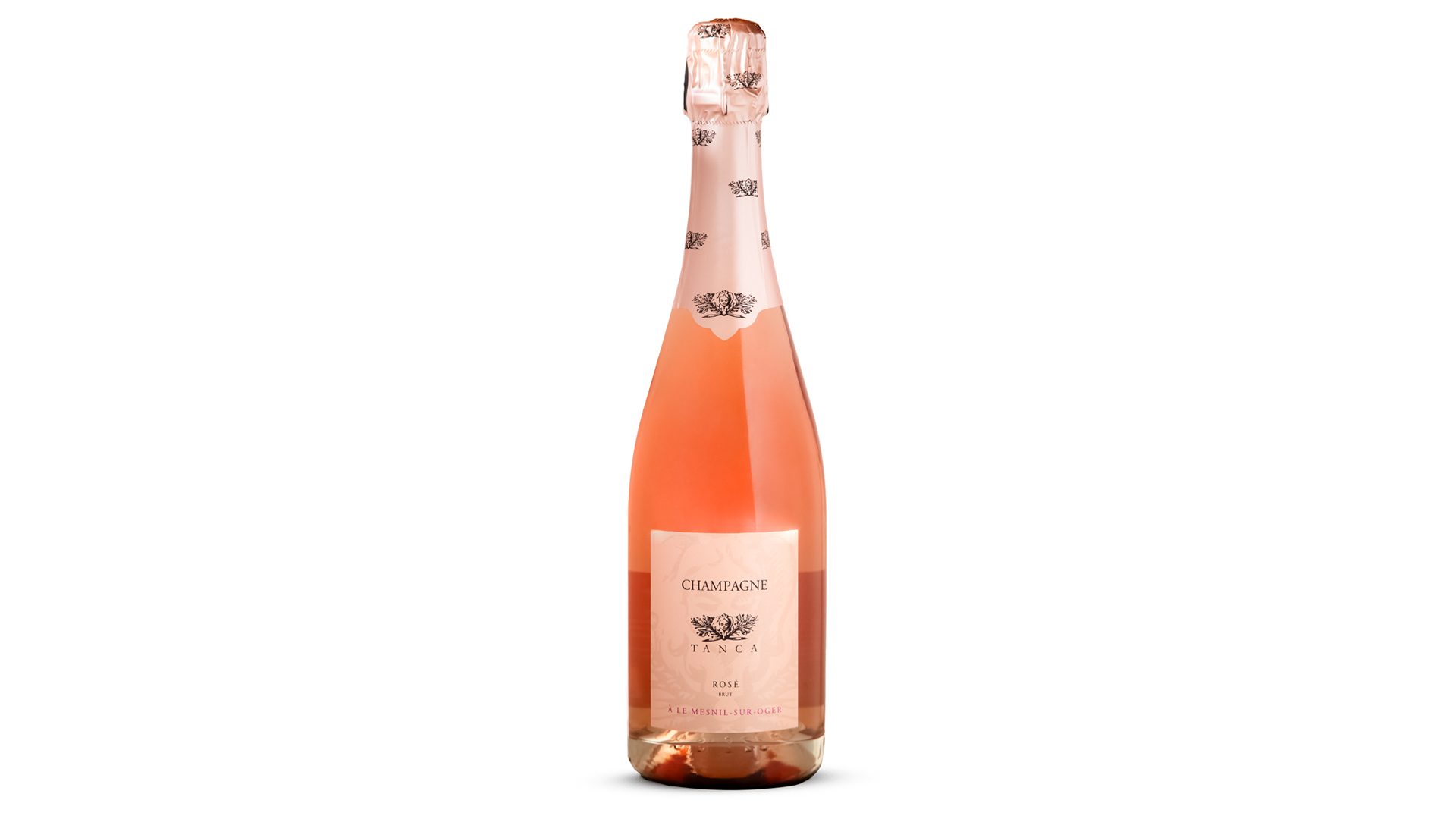 Bottiglia di Tanca Rosé Brut, champagne rosé elegante e raffinato prodotto in edizione limitata, ideale per aperitivi, sushi e serate estive gourmet.